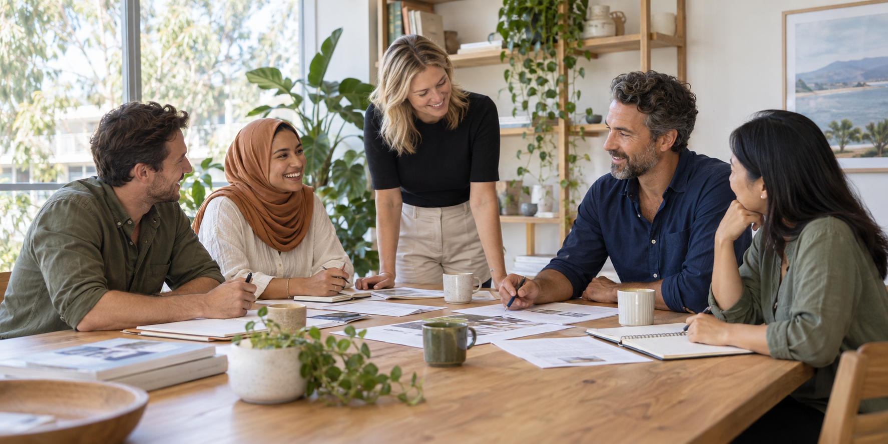 Five colleagues working together around a shared table in a warm Australian workplace